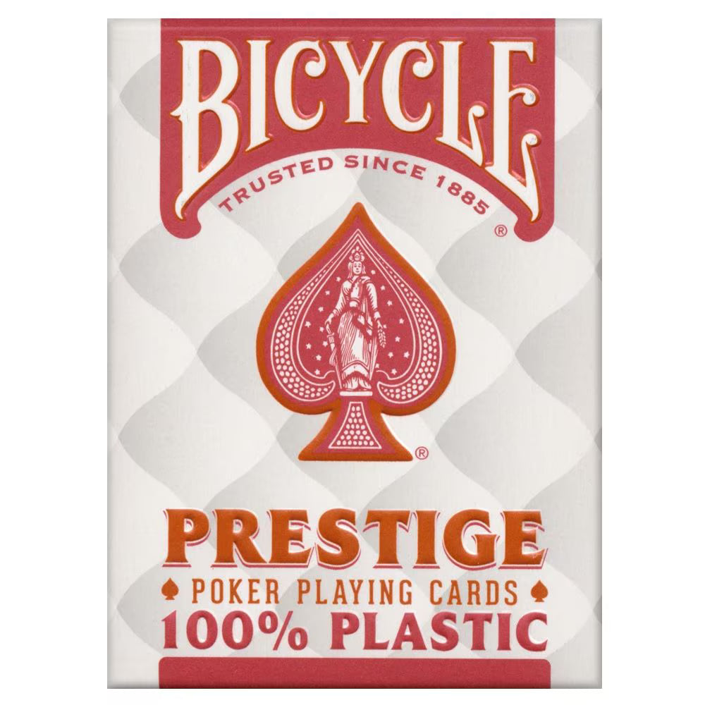 Izturīgas sarkanā krāsā Bicycle Prestige 100% plastikāta pokera kārtis ar klasisku Rider Back dizainu.
