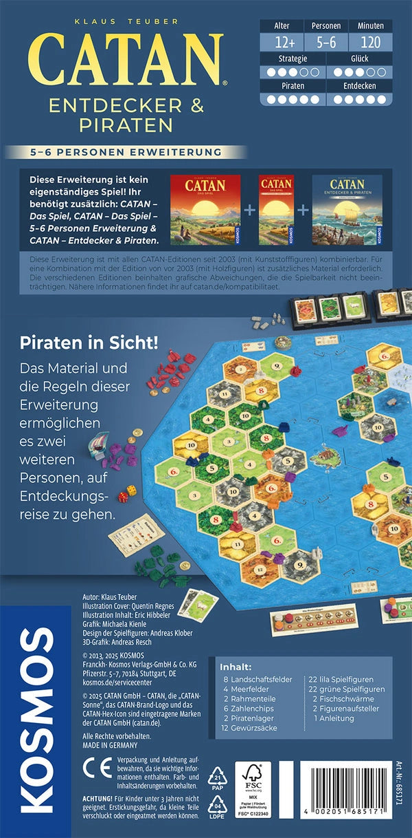 CATAN Entdecker & Piraten paplašinājums 5-6 spēlētājiem ar krāsainiem heksagonāliem laukumiem un spēles figūriņām.