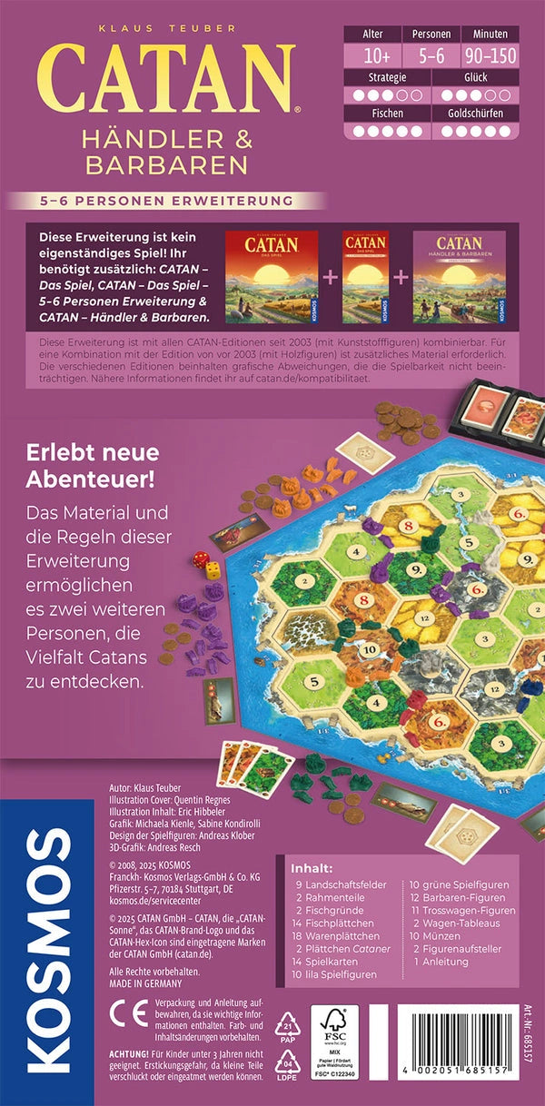 Catan Händler & Barbaren 5-6 spēlētāju papildinājums ar krāsainām figūriņām, sešstūra laukumiem un spēļu kārtīm uz violeta fona.