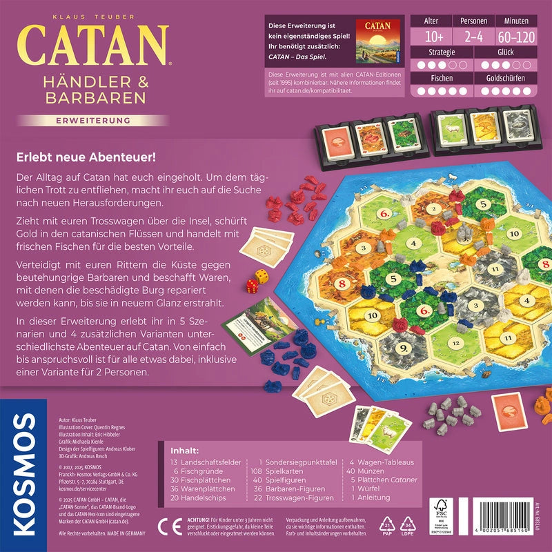 CATAN Händler & Barbaren paplašinājuma kaste ar krāsainiem spēles laukuma sešstūriem, figūriņām, kārtīm un spēles komponentiem.
