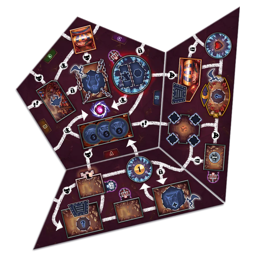 Clank! Catacombs: Underworld spēles laukuma elementi ar tumši violetu fonu, dārgumu lādēm un ceļu norādēm.