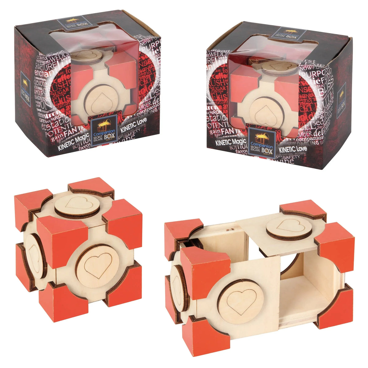 Koka loģikas spēle Companion Secret Escape Box ar sarkanām detaļām un iegravētu sirds simbolu uz katras kuba skaldnes.