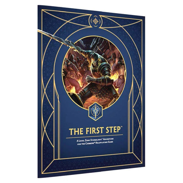 Cosmere RPG piedzīvojumu grāmata tumši zilā vākā ar zelta ornamentiem un bruņinieka ilustrāciju centrā.