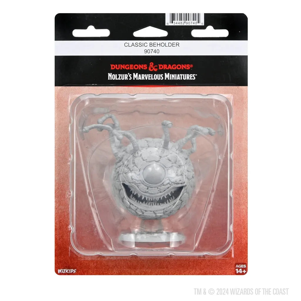 Nolzur’s Marvelous Miniatures pelēka plastmasas Beholder figūriņa iepakojumā galda spēlei Dungeons & Dragons.