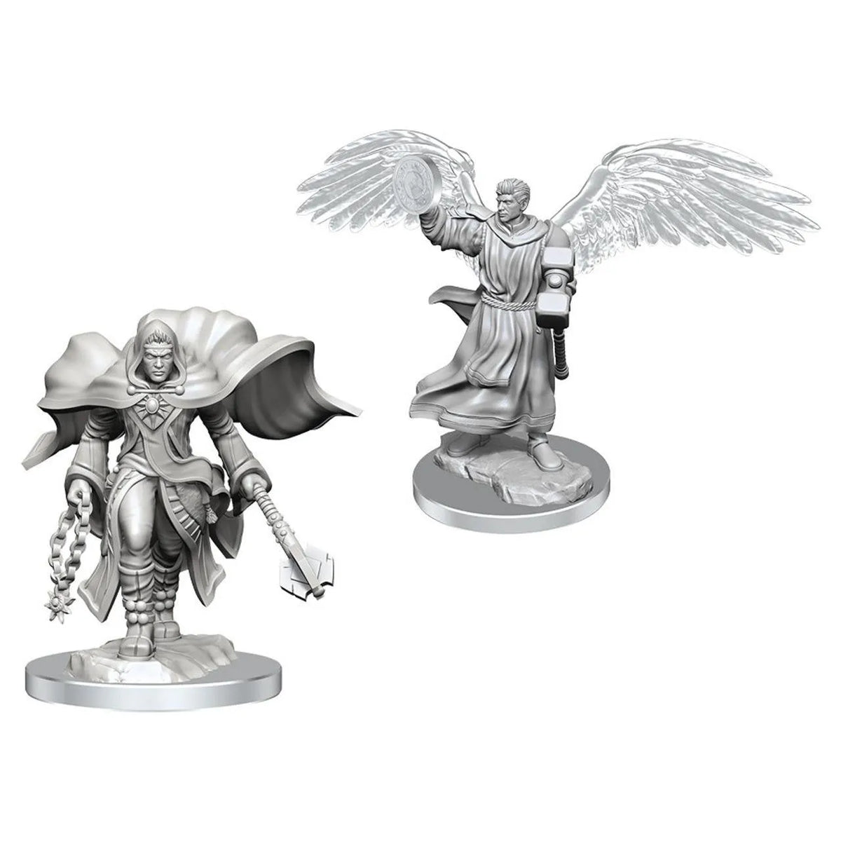 Nekrāsota plastmasas Aasimar garīdznieka miniatūra ar spārniem, āmuru un vairogu D&D galda spēlei.