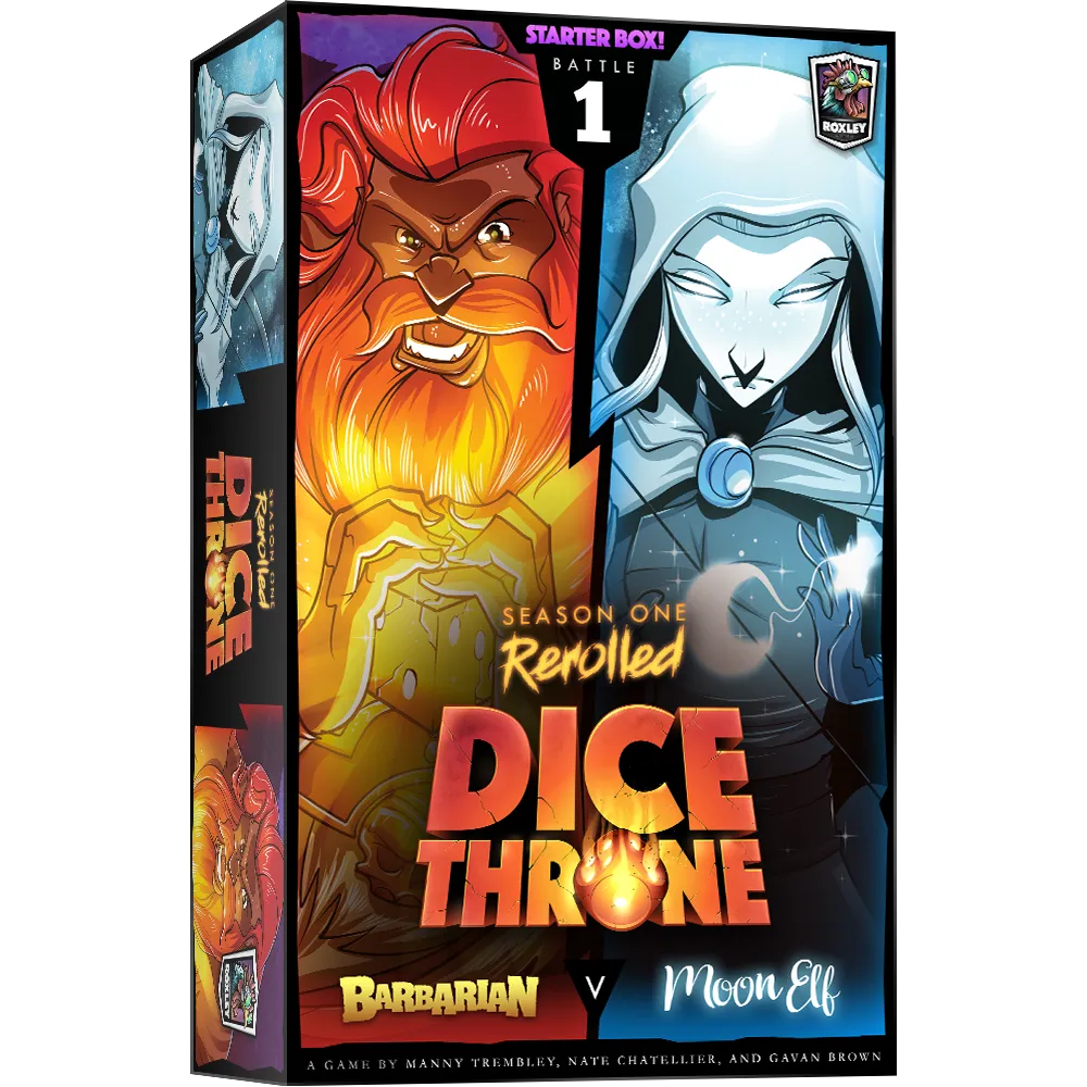 Dice Throne galda spēles kaste ar Barbara un Mēness elfa ilustrācijām uz melna fona.
