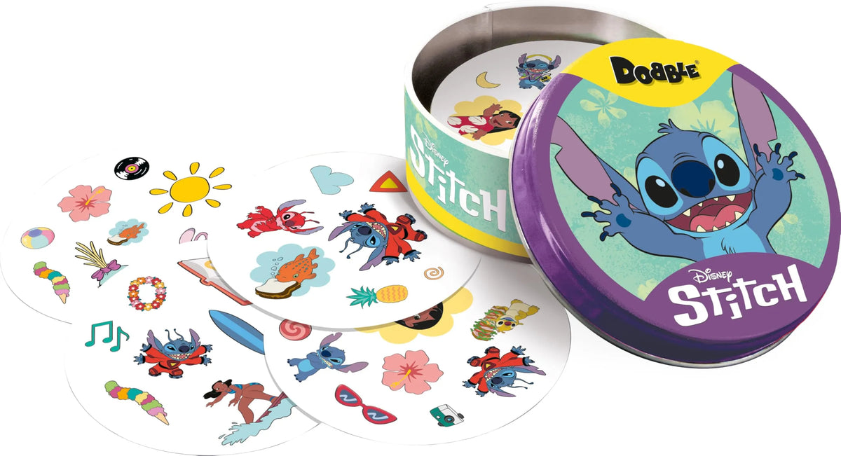 Dobble Stitch kāršu spēle ar apaļām kārtīm un Stitch tēlu uz metāla kārbiņas vāka.