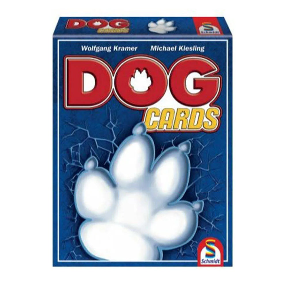 DOG Cards galda spēles kāršu kaste ar zilu fonu, baltu ķepas nospiedumu un sarkanu uzrakstu.