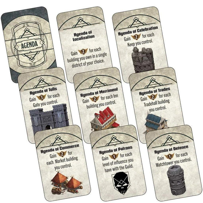 Dungeons & Dragons Builders of Baldur's Gate kārtis ar ēku ilustrācijām un stratēģiskiem spēles mērķiem uz gaiša fona.