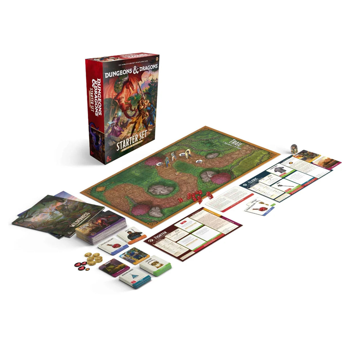 Dungeons & Dragons sākuma komplekts ar spēles laukumu, varoņu kartēm, žetoniem un sarkanu kauliņu komplektu uz balta fona.
