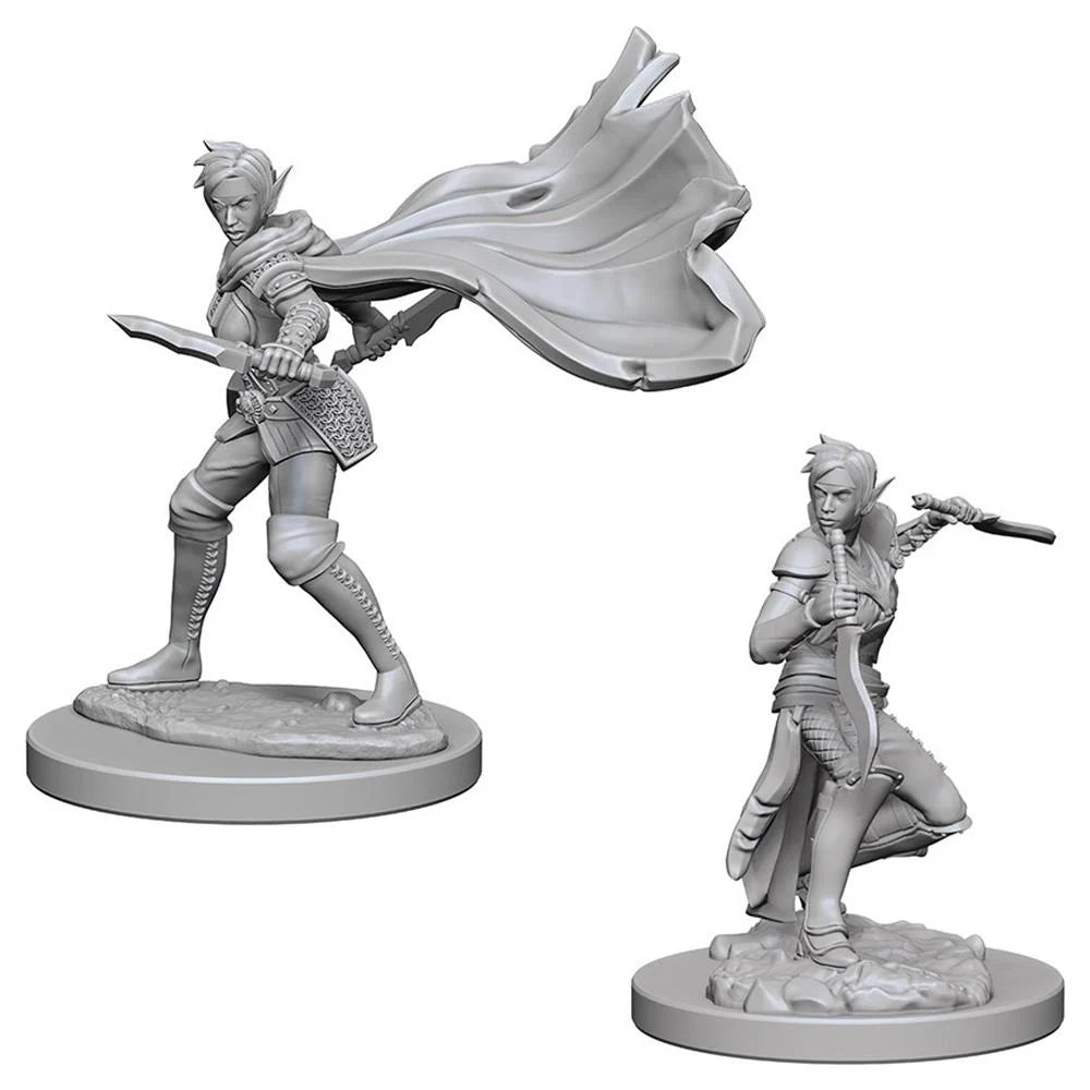 Nekrāsota plastmasas elfa rogas miniatūra ar diviem dunčiem un plīvojošu apmetni galda spēlei Pathfinder.
