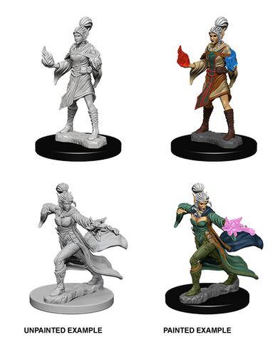 Nekrāsotas un krāsotas Elf Female Sorcerer miniatūras ar maģiskiem efektiem Pathfinder galda spēlei.