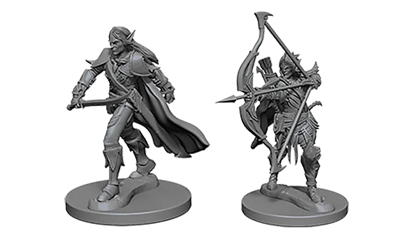 Pelēkas plastmasas elfa cīnītāja miniatūras ar zobenu un loku galda spēlei Pathfinder Deep Cuts.