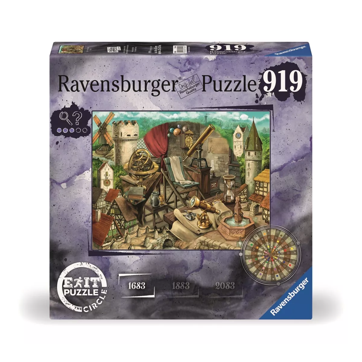 Ravensburger EXIT 919 detaļu puzle Anno 1683 ar vēsturisku pilsētas un zinātnes instrumentu ilustrāciju.