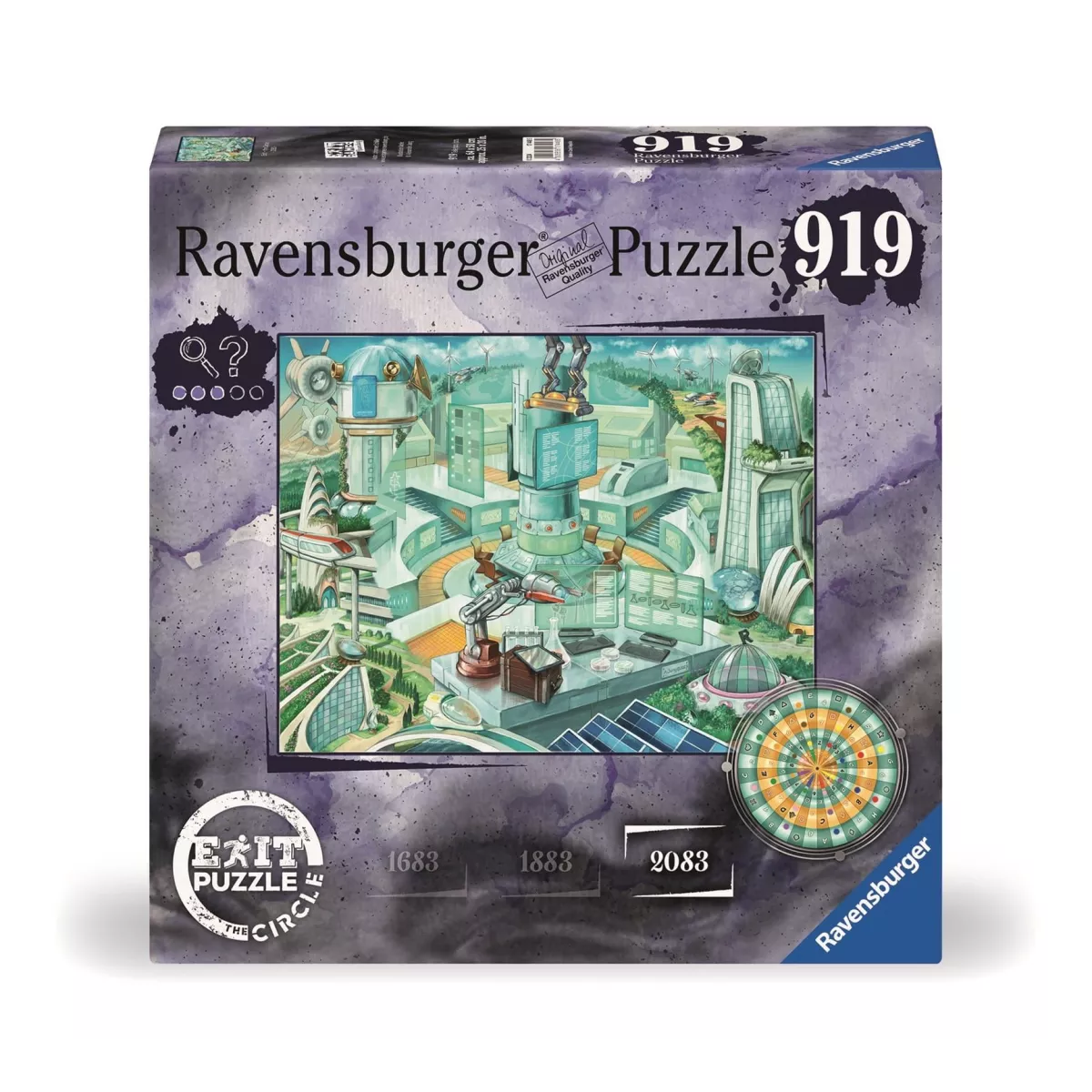 Ravensburger EXIT 919 detaļu puzle Anno 2083 ar futūristisku pilsētas dizainu un apaļu mīklu elementu uz kastes.