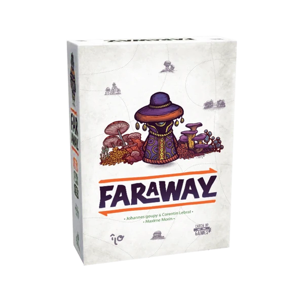Galda spēles Faraway kaste ar ilustrētu tēlu, sēnēm un kartes motīviem uz balta fona.