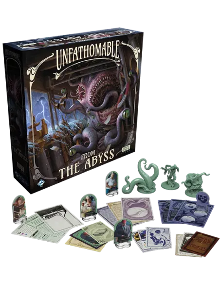 Galda spēles Unfathomable: From The Abyss papildinājums ar ilustrētu kasti, plastmasas figūriņām un spēļu kārtīm.