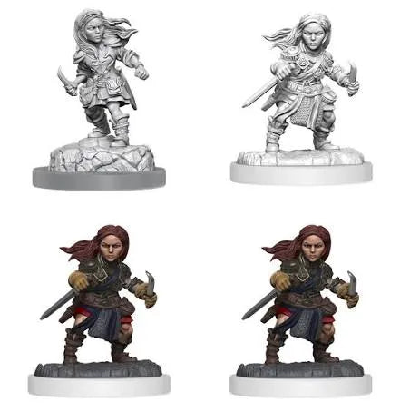 Nolzur’s Marvelous Miniatures halfling sieviete zaglis ar nažiem, krāsotas un nekrāsotas plastmasas figūriņas.