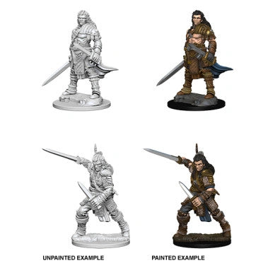 Pathfinder Deep Cuts miniatūras: krāsotas un nekrāsotas vīriešu cīnītāju figūriņas ar zobeniem uz apaļām pamatnēm.