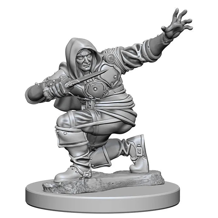 Pelēka plastmasas Pathfinder miniatūra: tupošs vīrietis zaglis ar kapuci, dunci rokā un izstieptu plaukstu.