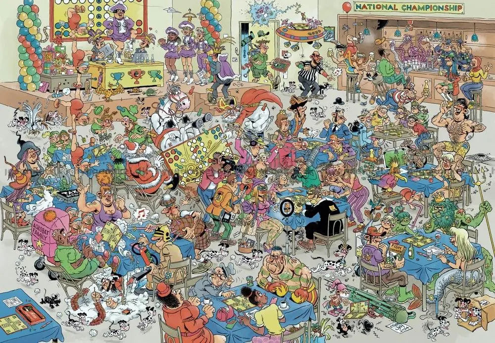 Jan van Haasteren Ludo Battle 2000 gabalu puzle ar krāsainu, detalizētu un humoristisku galda spēļu čempionāta ilustrāciju.