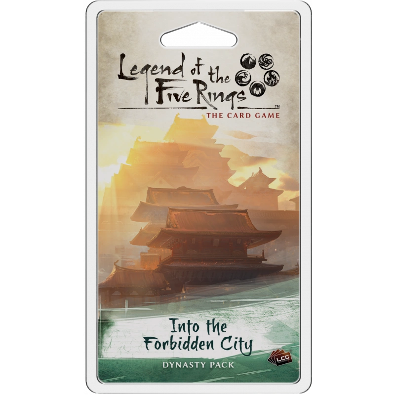 Legend of the Five Rings kāršu spēles papildinājums Into the Forbidden City ar japāņu pils ilustrāciju uz iepakojuma.