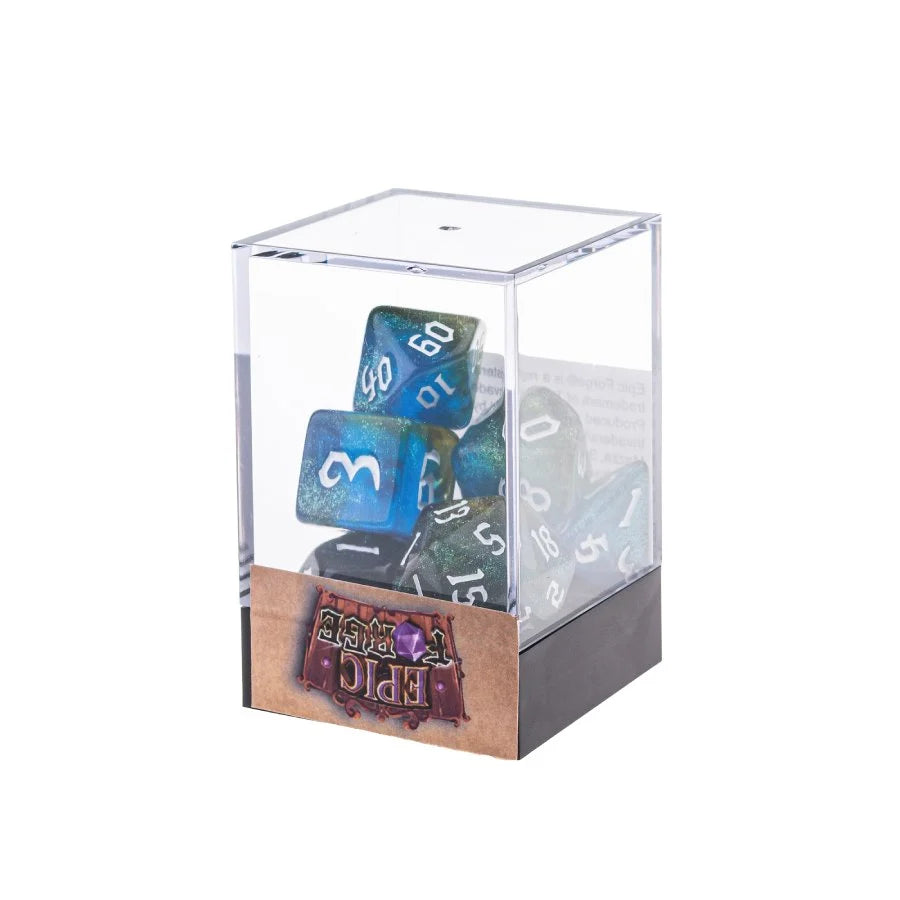 Set of 7 Resin Dice in Box – Green and Blue Glitter