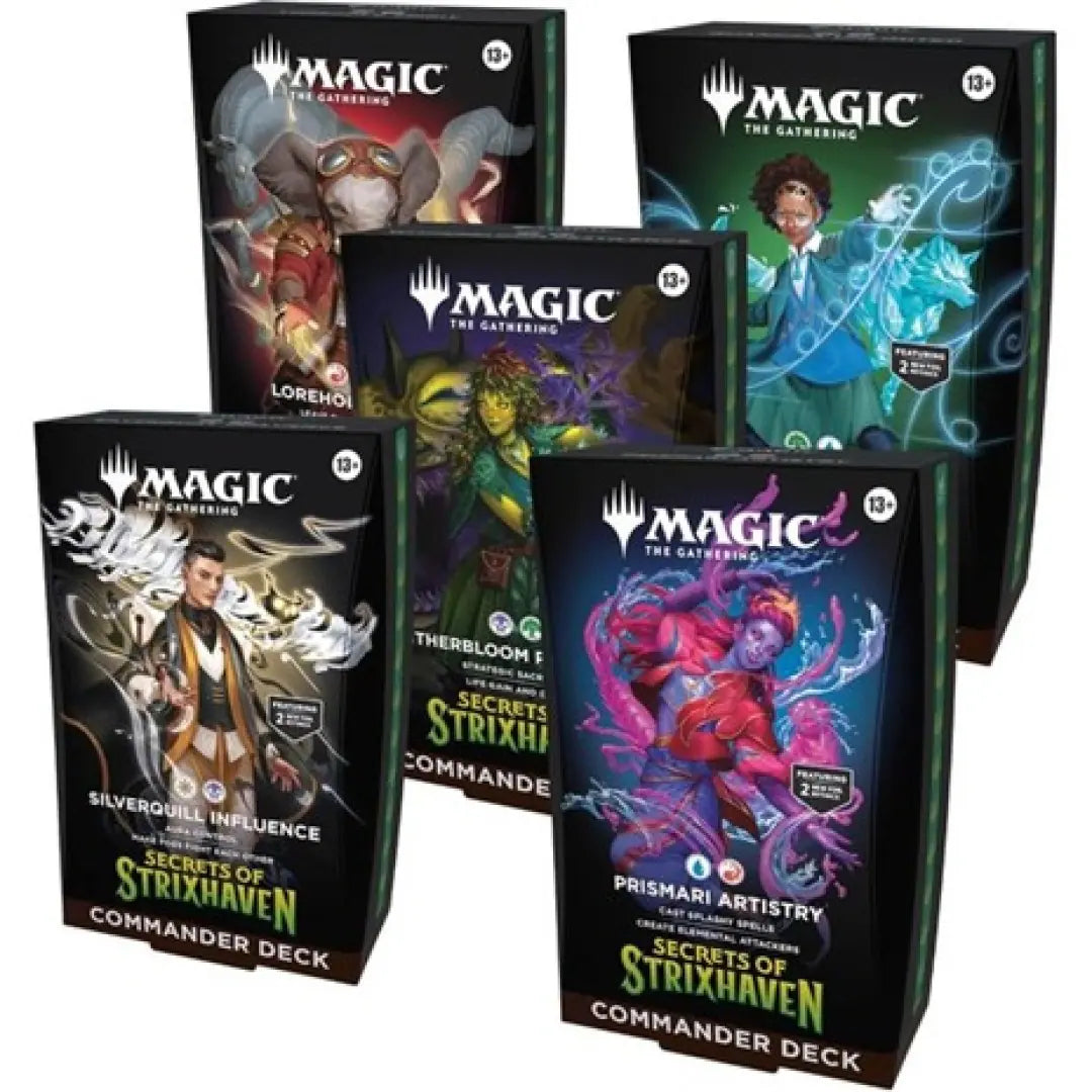 Magic: The Gathering Strixhaven Commander kāršu komplekts ar piecām krāsainām ilustrētām spēļu kastītēm.