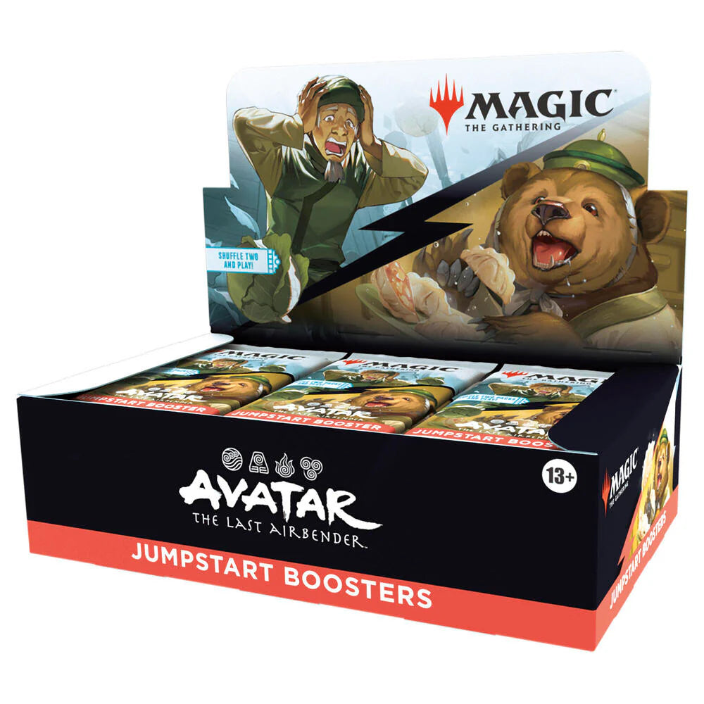 Magic: The Gathering Avatar Jumpstart iepakojums ar krāsainām kāršu paciņām un animācijas seriāla tēlu ilustrācijām.