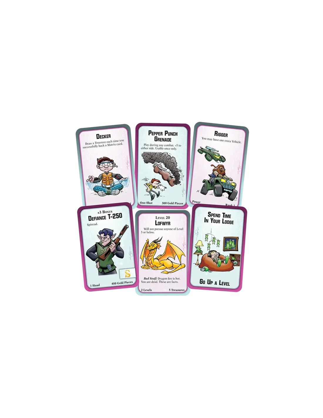 Munchkin Shadowrun kāršu spēles komplekts ar krāsainām ilustrācijām, tēliem un spēles noteikumiem uz baltā fona.