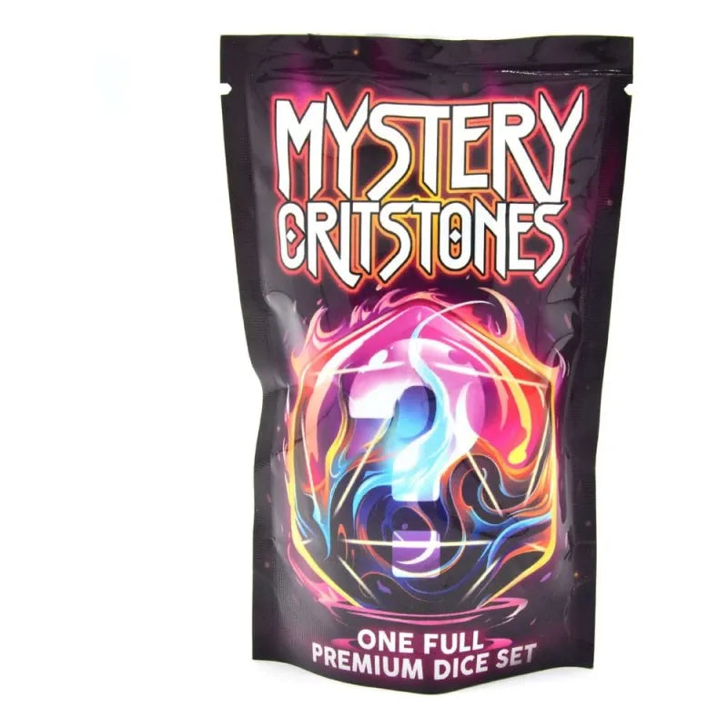 Mystery Critstones spēļu kauliņu komplekta iepakojums ar krāsainu liesmu dizainu un jautājumzīmes simbolu uz melna fona.