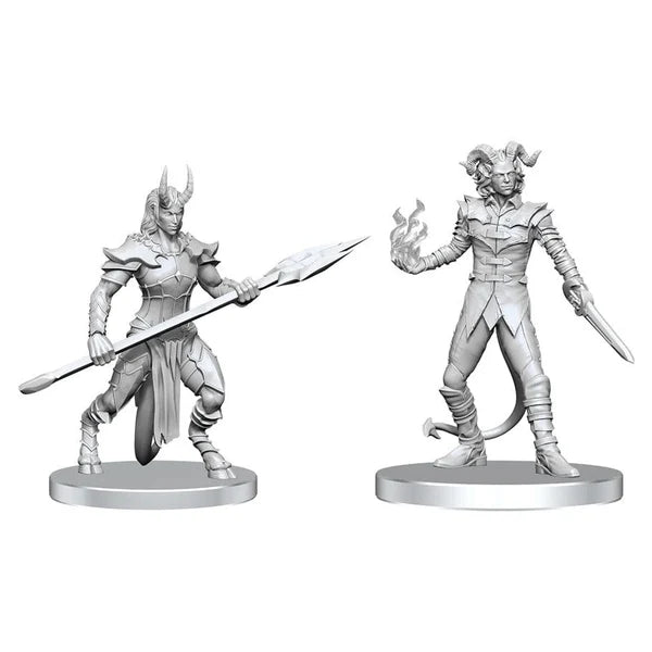 Divas nekrāsotas Pathfinder plastmasas miniatūras: Vordine kājnieks ar šķēpu un Pitborn zaglis ar maģisku liesmu rokā.