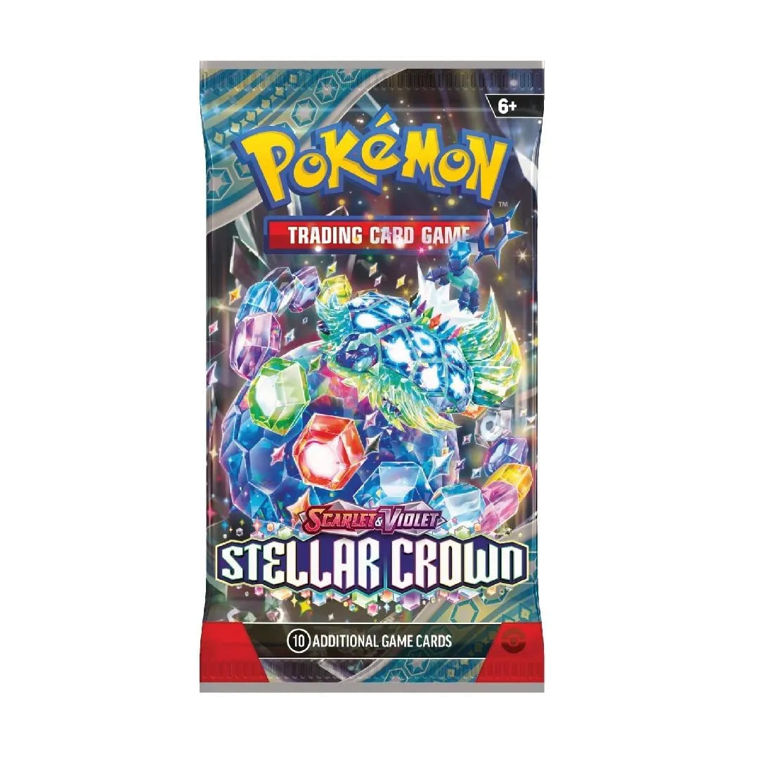 Pokémon TCG Stellar Crown papildpaka ar krāsainu kristālu dizainu un 10 kāršu komplektu.