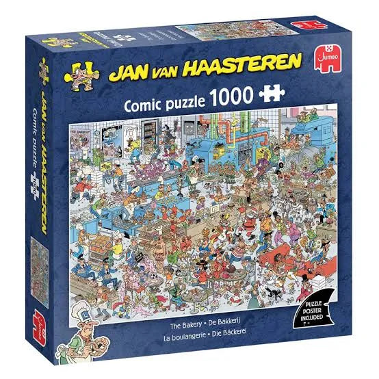Jumbo Jan van Haasteren 1000 gabaliņu puzle ar krāsainu, detalizētu maiznīcas komiksu ilustrāciju uz kartona kastes.