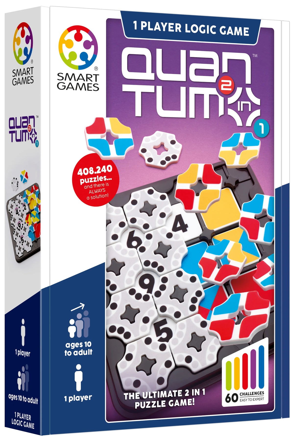 SmartGames Quantum 2-in-1 loģikas spēle ar krāsainiem plastmasas elementiem un 60 uzdevumu kārtīm vienam spēlētājam.