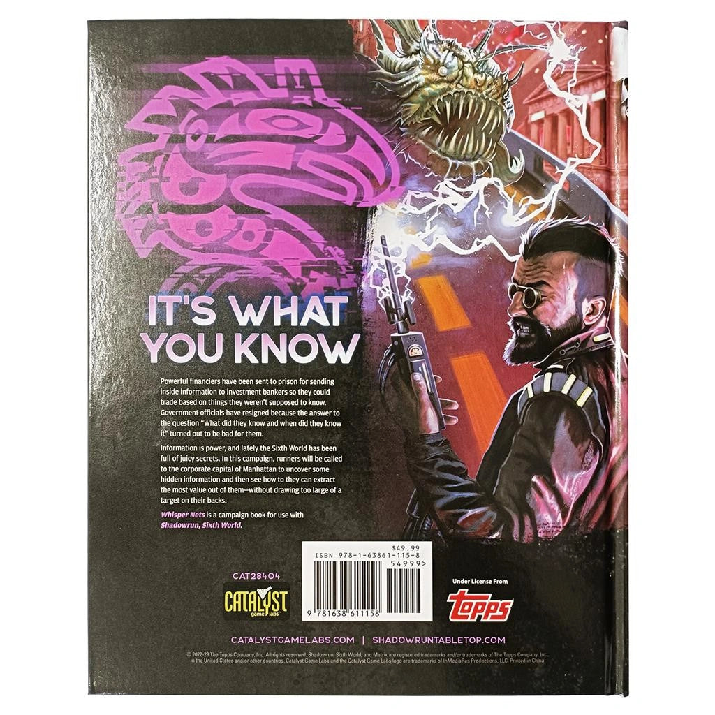 Shadowrun Whisper Nets galda spēles grāmatas aizmugurējais vāks ar kiberpanka ilustrāciju, svītrkodu un anotāciju.