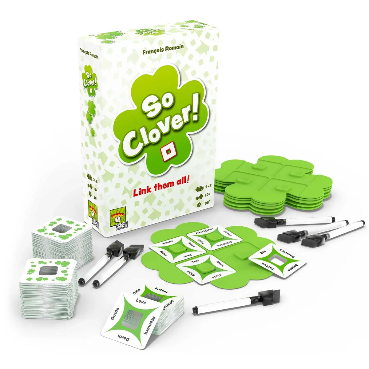 So Clover! galda spēle ar zaļām āboliņa formas pamatnēm, vārdu kartītēm un marķieriem uz balta fona.