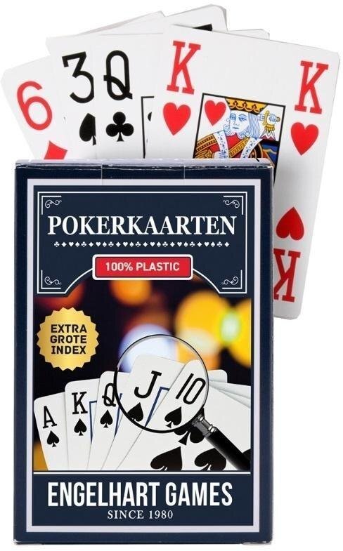 Engelhart Games 100% plastmasas pokera kāršu komplekts ar lielu indeksu un klasisku dizainu tumši zilā kastītē.
