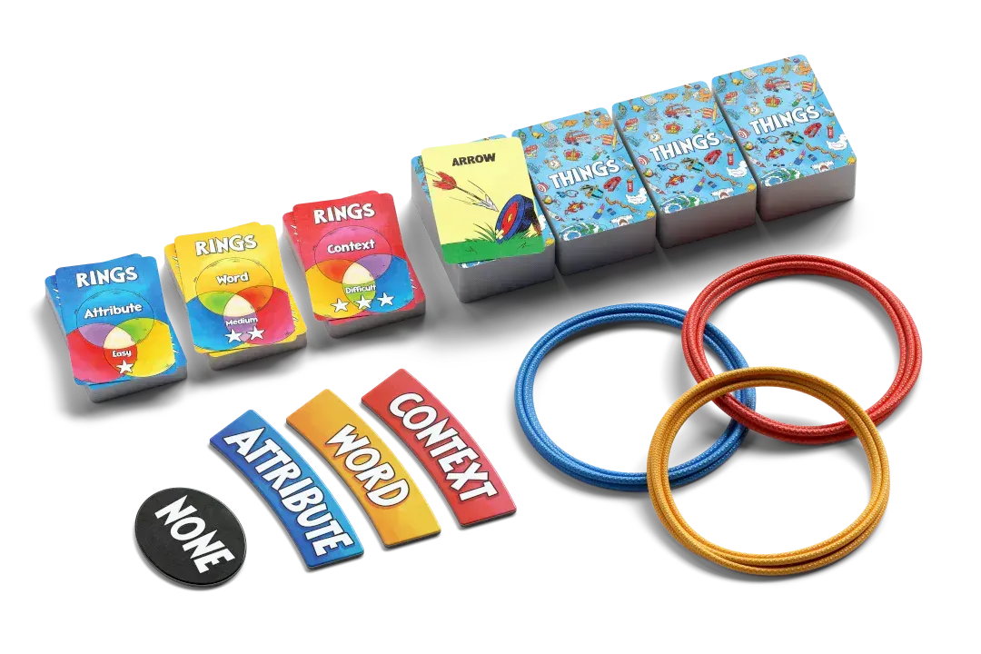 Things in Rings galda spēle ar krāsainiem gredzeniem, spēļu kārtīm un norāžu žetoniem loģikas uzdevumu risināšanai.