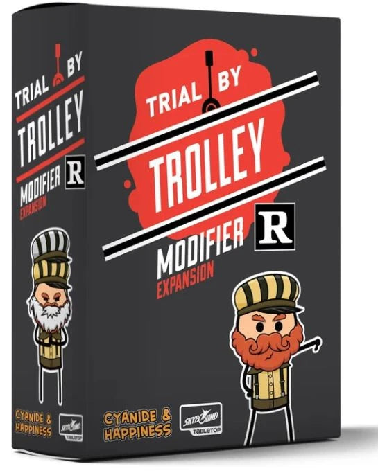 Trial by Trolley R Rated papildinājuma kaste ar melnu fonu, sarkanu logotipu un Cyanide & Happiness tēliem.