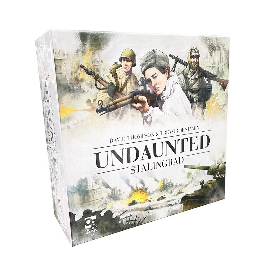Undaunted Stalingrad galda spēles kaste ar ilustrētiem Otrā pasaules kara karavīriem un kaujas ainu uz balta fona.