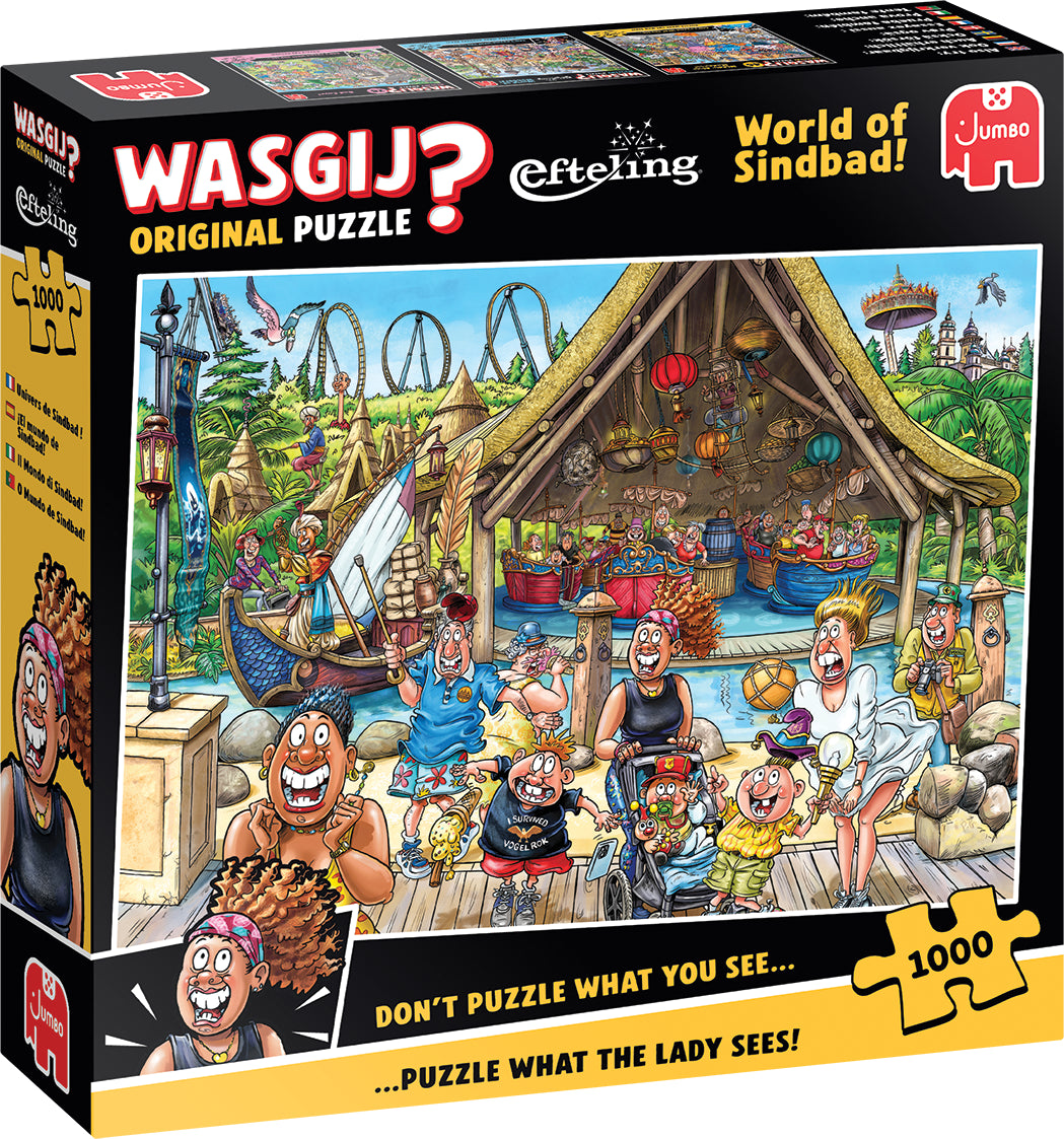 Wasgij Original Efteling World of Sindbad 1000 gabaliņu puzle ar krāsainu, komisku atrakciju parka ilustrāciju uz kastes.