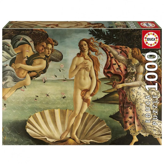 Educa puzle ar 1000 detaļām, attēlojot Botičelli gleznu Venēras dzimšana ar klasiskām mākslas krāsām un detaļām.