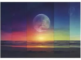 1500 Cosmic Phases puzle ar krāsainu saulrietu, mēnesi un okeāna ainavu piecās vertikālās sekcijās.