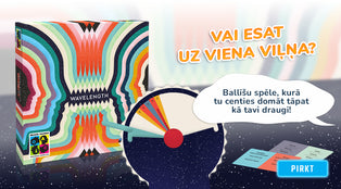Wavelength galda spēle ar krāsainu kasti, nolasīšanas ierīci un spēles kārtīm uz tumša fona.