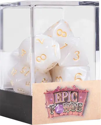 Set of 7 Multiformat Dice in Box – Pearl White and Gold