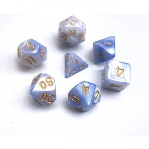 Set of 7 Dice in Box – Light Blue and White Fusion