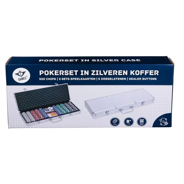 Poker set in silver case, with 500 chips (11.5 grams)