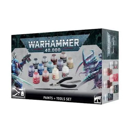 Warhammer 40,000 krāsu un modelēšanas rīku komplekts ar dažādu toņu akrila krāsām, otu un knaiblītēm miniatūru krāsošanai.