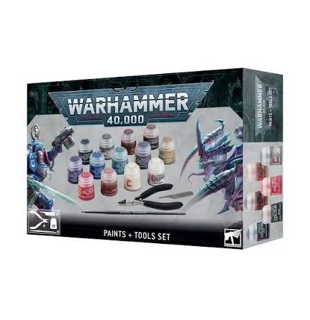 Warhammer 40,000 krāsu un modelēšanas rīku komplekts ar dažādu toņu akrila krāsām, otu un knaiblītēm miniatūru krāsošanai.
